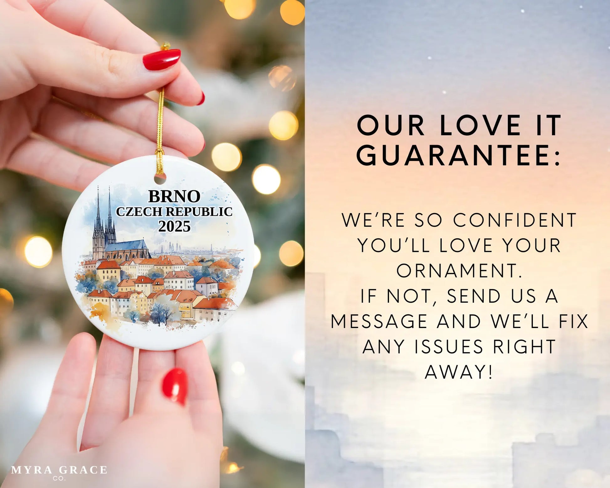 Custom Brno, Czech Republic ceramic photo ornament with personalized message – handmade Christmas bauble, gift souvenir, or vacation keepsake. Love it guarantee