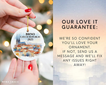 Custom Brno, Czech Republic ceramic photo ornament with personalized message – handmade Christmas bauble, gift souvenir, or vacation keepsake. Love it guarantee