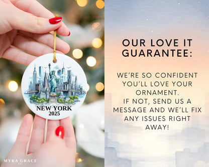 Custom New York Statue of Liberty ceramic photo ornament with personalized message – handmade Christmas bauble, gift souvenir, or vacation keepsake.  Love it guarantee