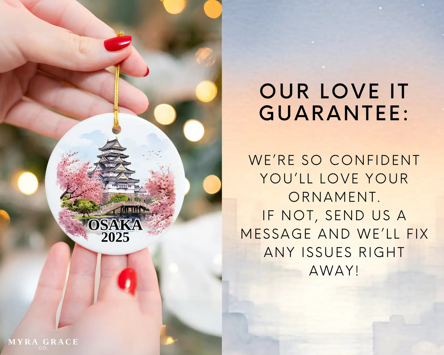 Custom Osaka Japan ceramic photo ornament with personalized message – handmade Christmas bauble, gift souvenir, or vacation keepsake. 