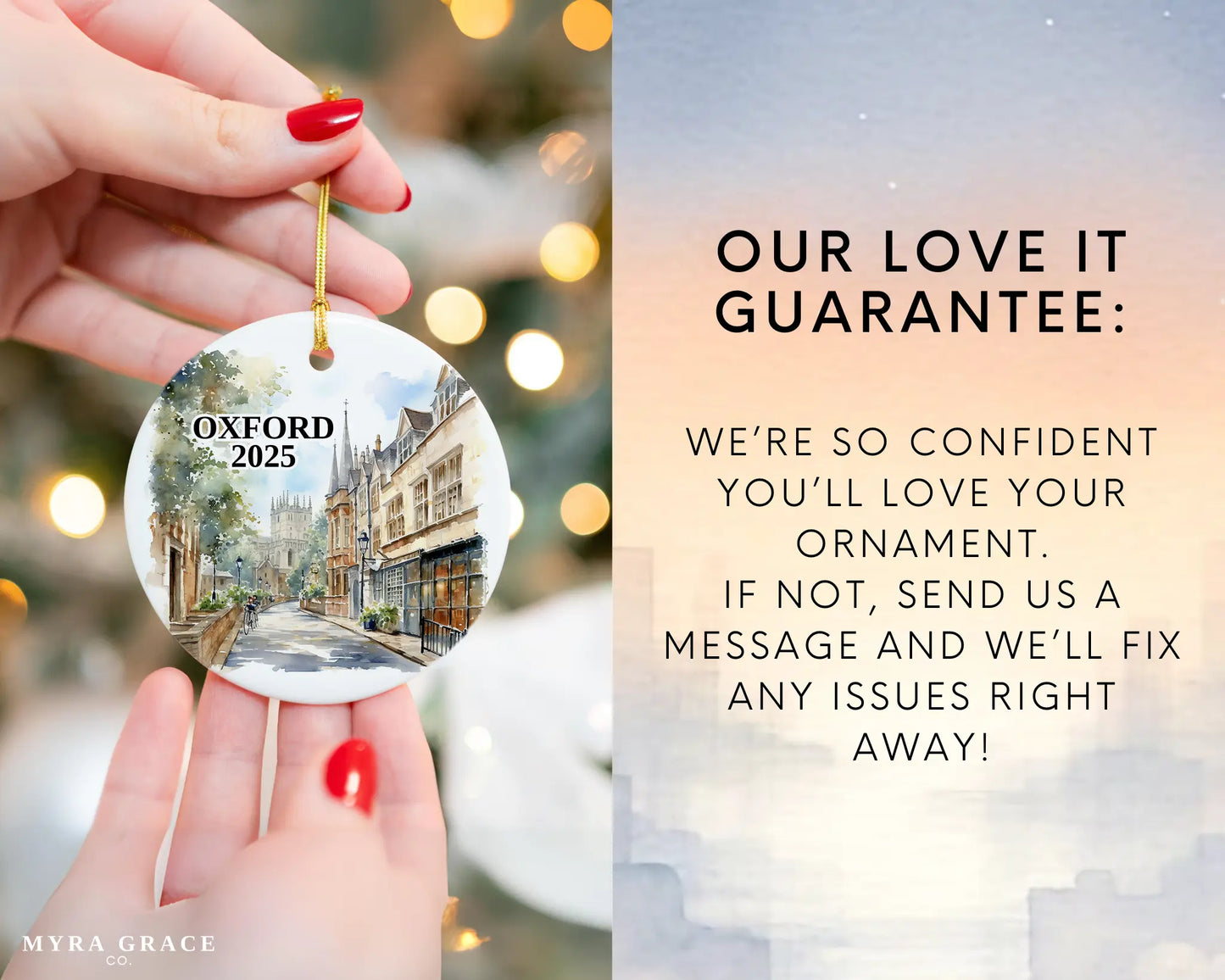 Custom Oxford England ceramic photo ornament with personalized message – handmade Christmas bauble, gift souvenir, or vacation keepsake.  love it guarantee