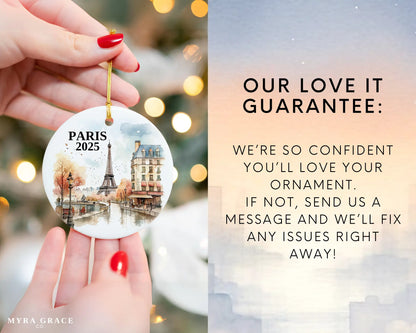 Custom Paris France ceramic photo ornament with personalized message – handmade Christmas bauble, gift souvenir, or vacation keepsake.  Love it guarantee