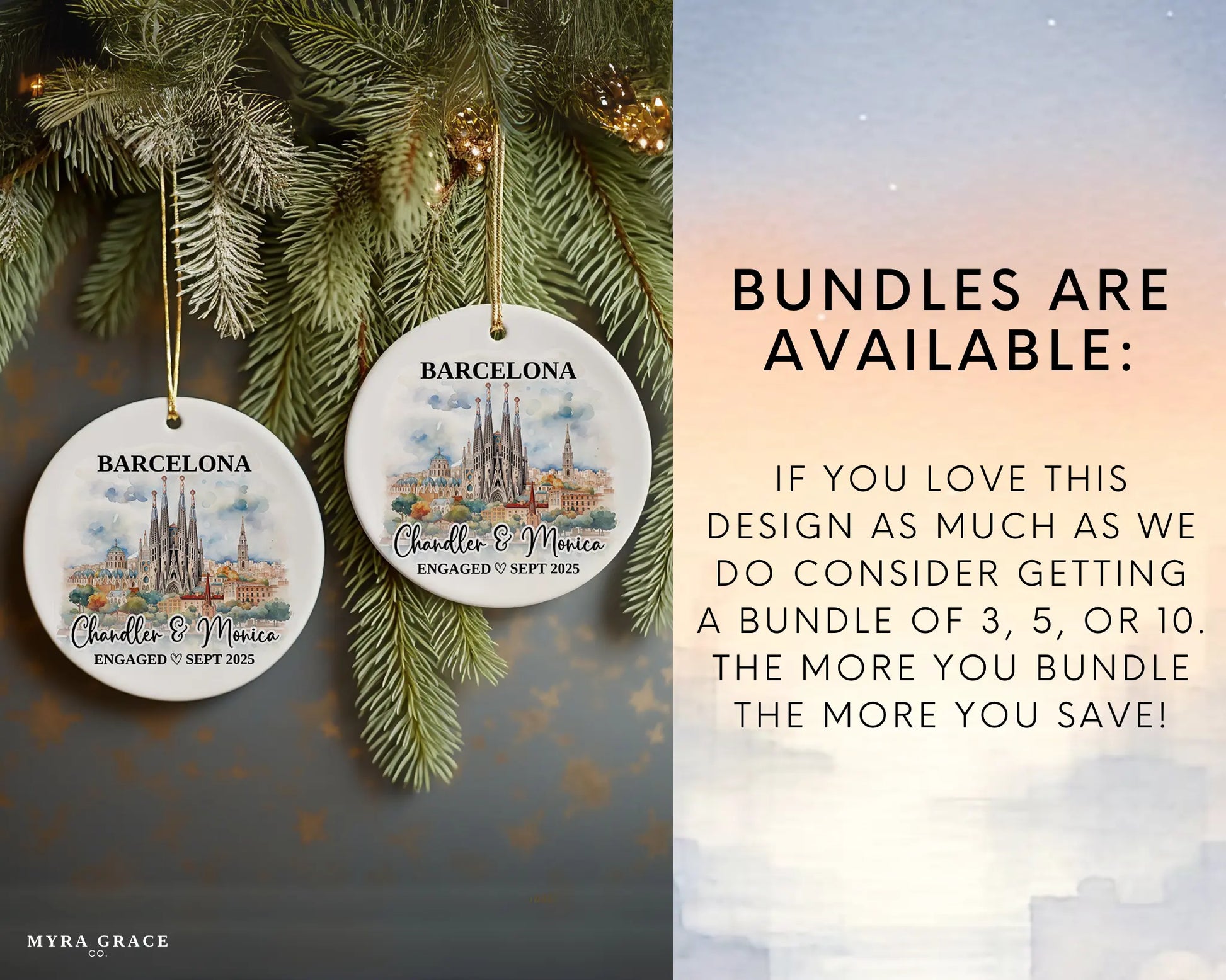 Barcelona Engagement Ornament Custom Gift Souvenir Bauble Present. Bundles are available 