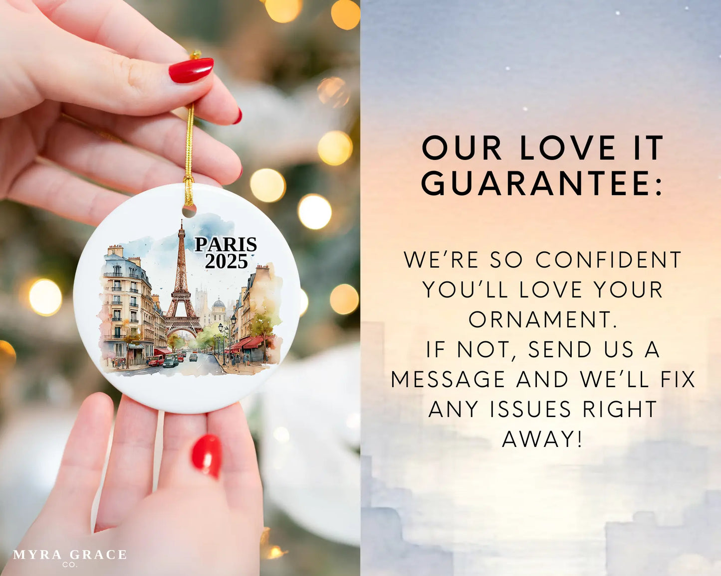 Custom Paris France ceramic photo ornament with personalized message – handmade Christmas bauble, gift souvenir, or vacation keepsake.  Love it guarantee
