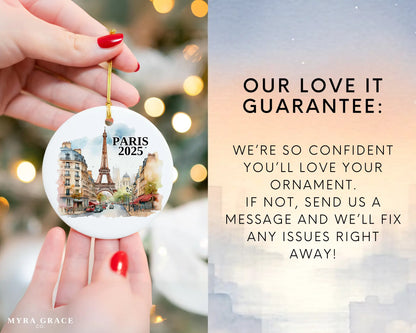 Custom Paris France ceramic photo ornament with personalized message – handmade Christmas bauble, gift souvenir, or vacation keepsake.  Love it guarantee