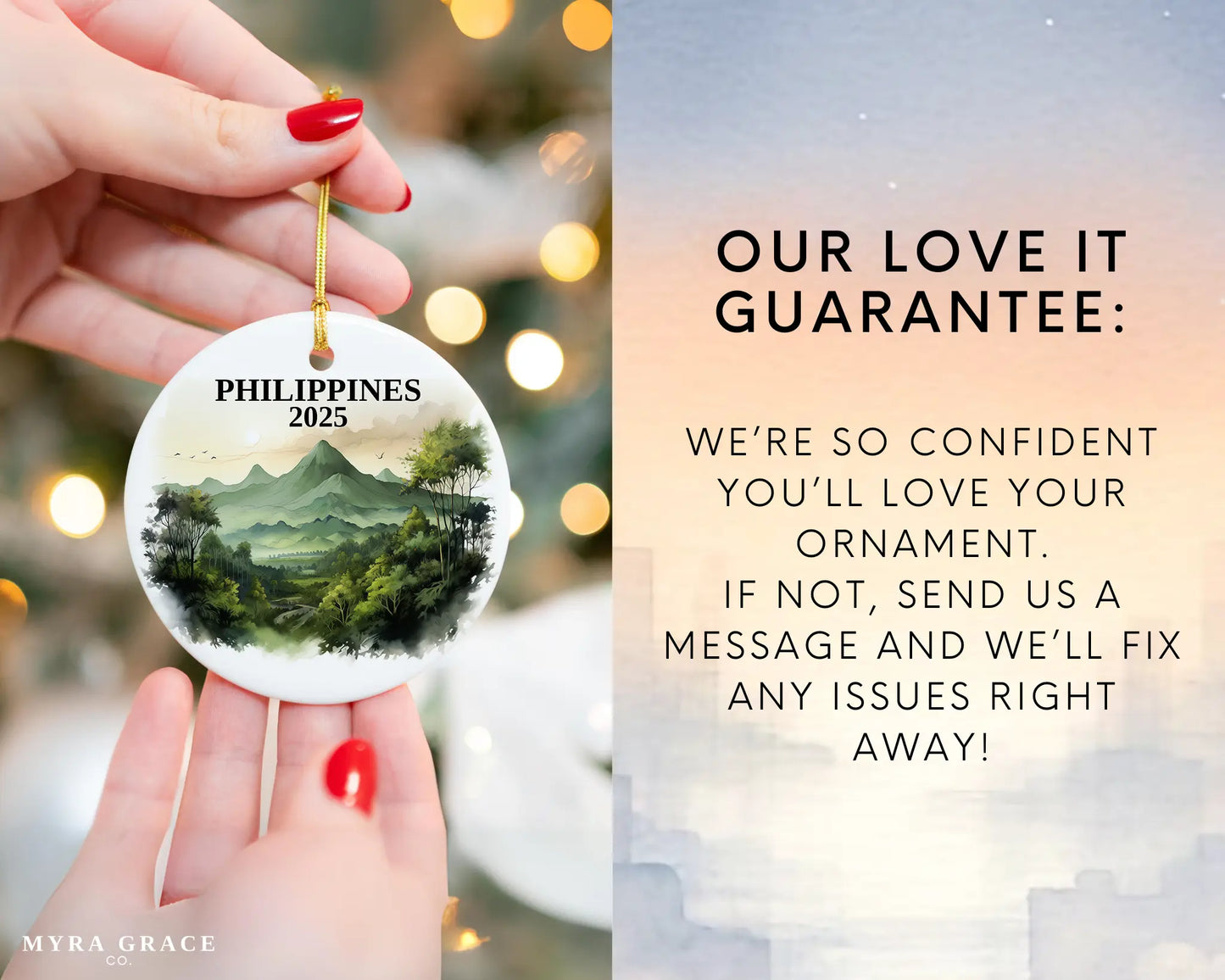 Custom Philippines ceramic photo ornament with personalized message – handmade Christmas bauble, gift souvenir, or vacation keepsake. Love it guarantee