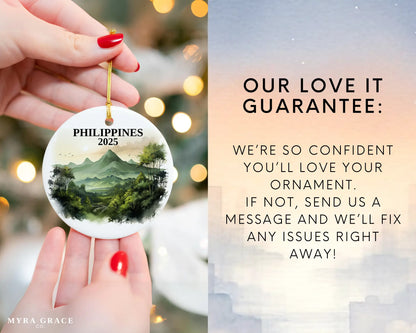 Custom Philippines ceramic photo ornament with personalized message – handmade Christmas bauble, gift souvenir, or vacation keepsake. Love it guarantee