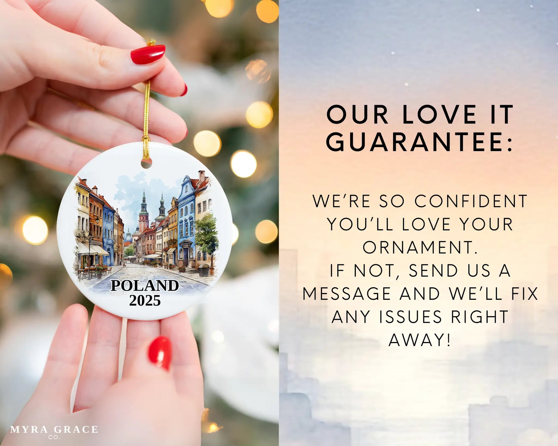 Custom Poland ceramic photo ornament with personalized message – handmade Christmas bauble, gift souvenir, or vacation keepsake. Love it guarantee