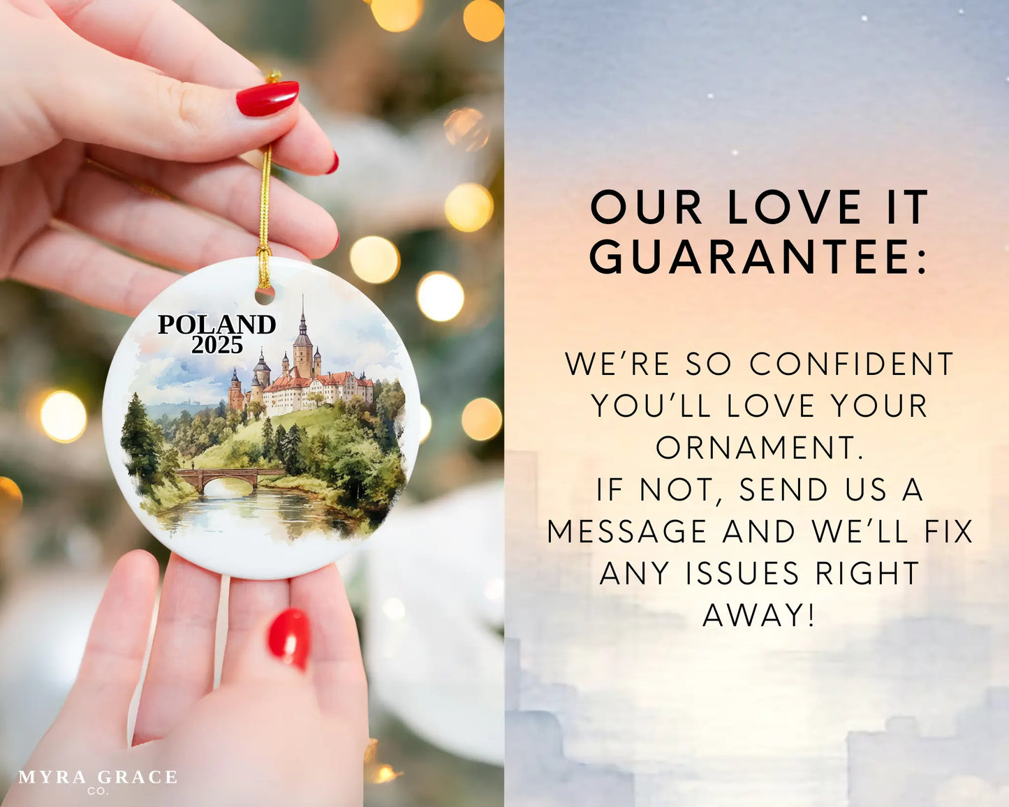 Custom Poland ceramic photo ornament with personalized message – handmade Christmas bauble, gift souvenir, or vacation keepsake. Love it guarantee
