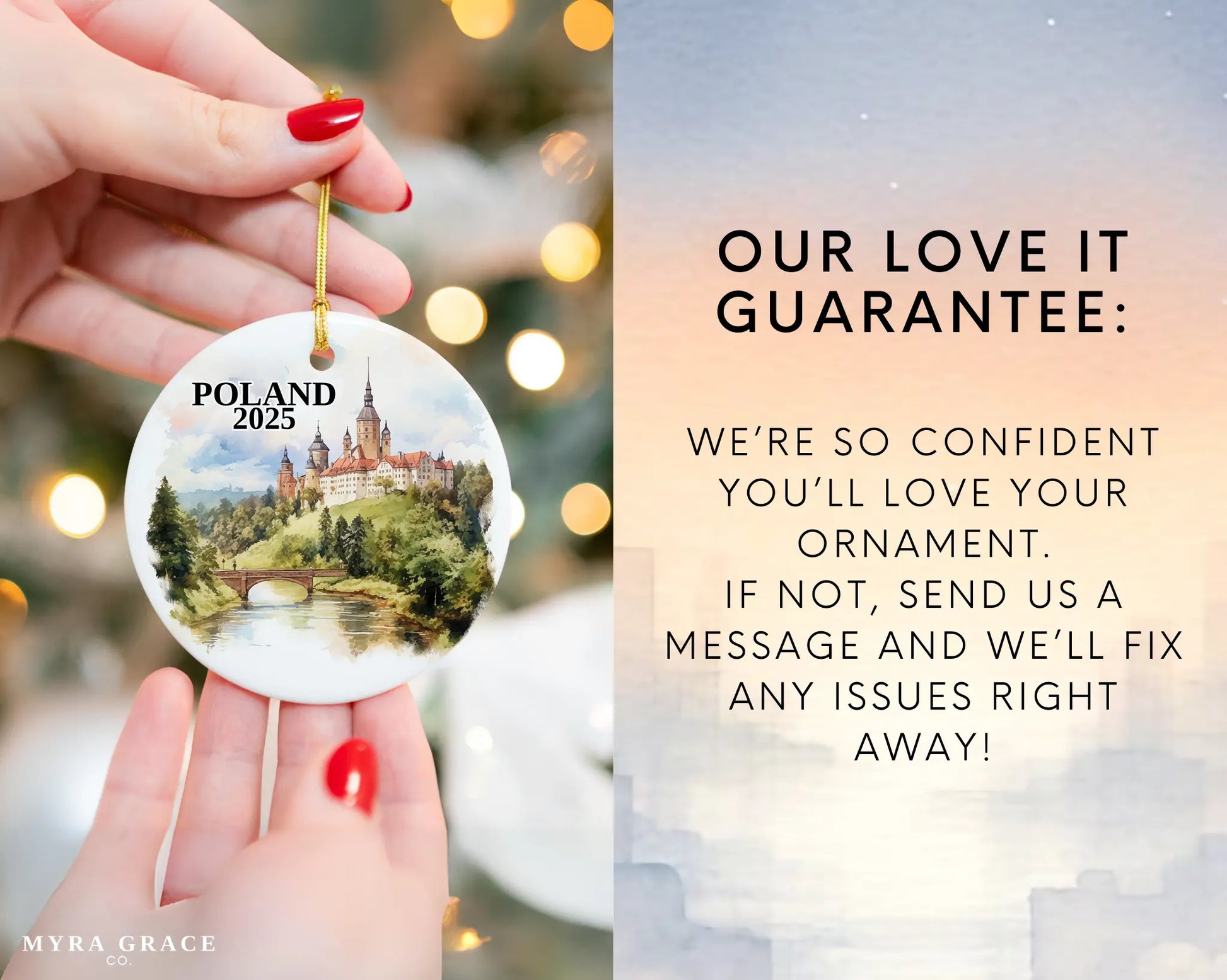 Custom Poland ceramic photo ornament with personalized message – handmade Christmas bauble, gift souvenir, or vacation keepsake. Love it guarantee