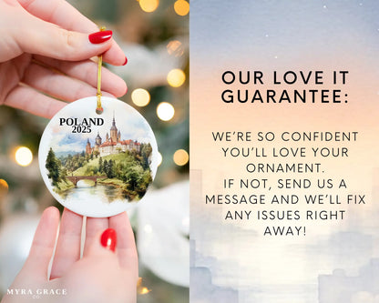 Custom Poland ceramic photo ornament with personalized message – handmade Christmas bauble, gift souvenir, or vacation keepsake. Love it guarantee
