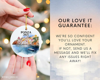Custom Ponza Italy ceramic photo ornament with personalized message – handmade Christmas bauble, gift souvenir, or vacation keepsake. Love it guarantee