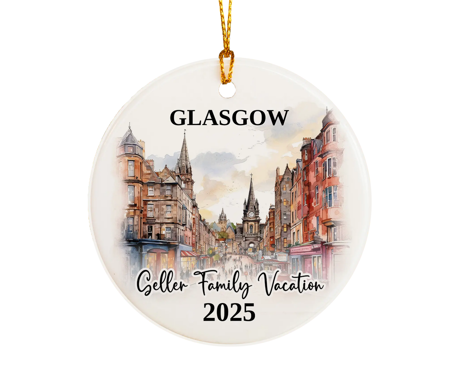 Custom vacation Glasgow Scotland ceramic photo ornament with personalized message – handmade Christmas bauble, gift souvenir, or vacation keepsake. 