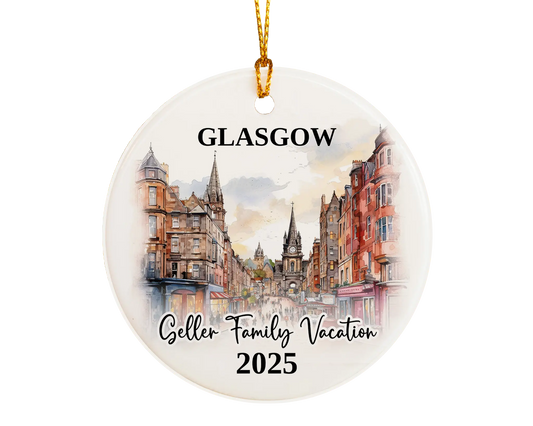 Custom vacation Glasgow Scotland ceramic photo ornament with personalized message – handmade Christmas bauble, gift souvenir, or vacation keepsake. 