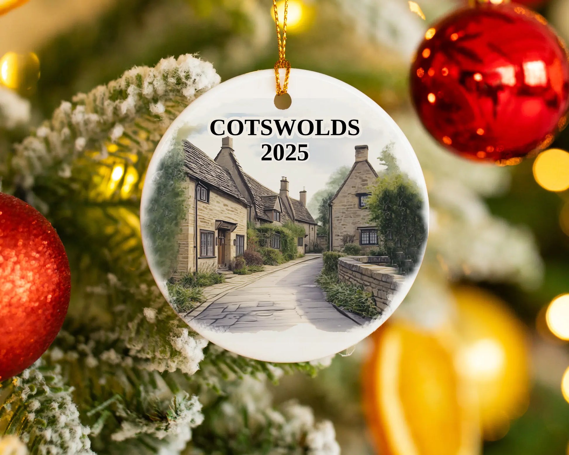 Custom Cotswolds England ceramic photo ornament with personalized message – handmade Christmas bauble, gift souvenir, or vacation keepsake.  