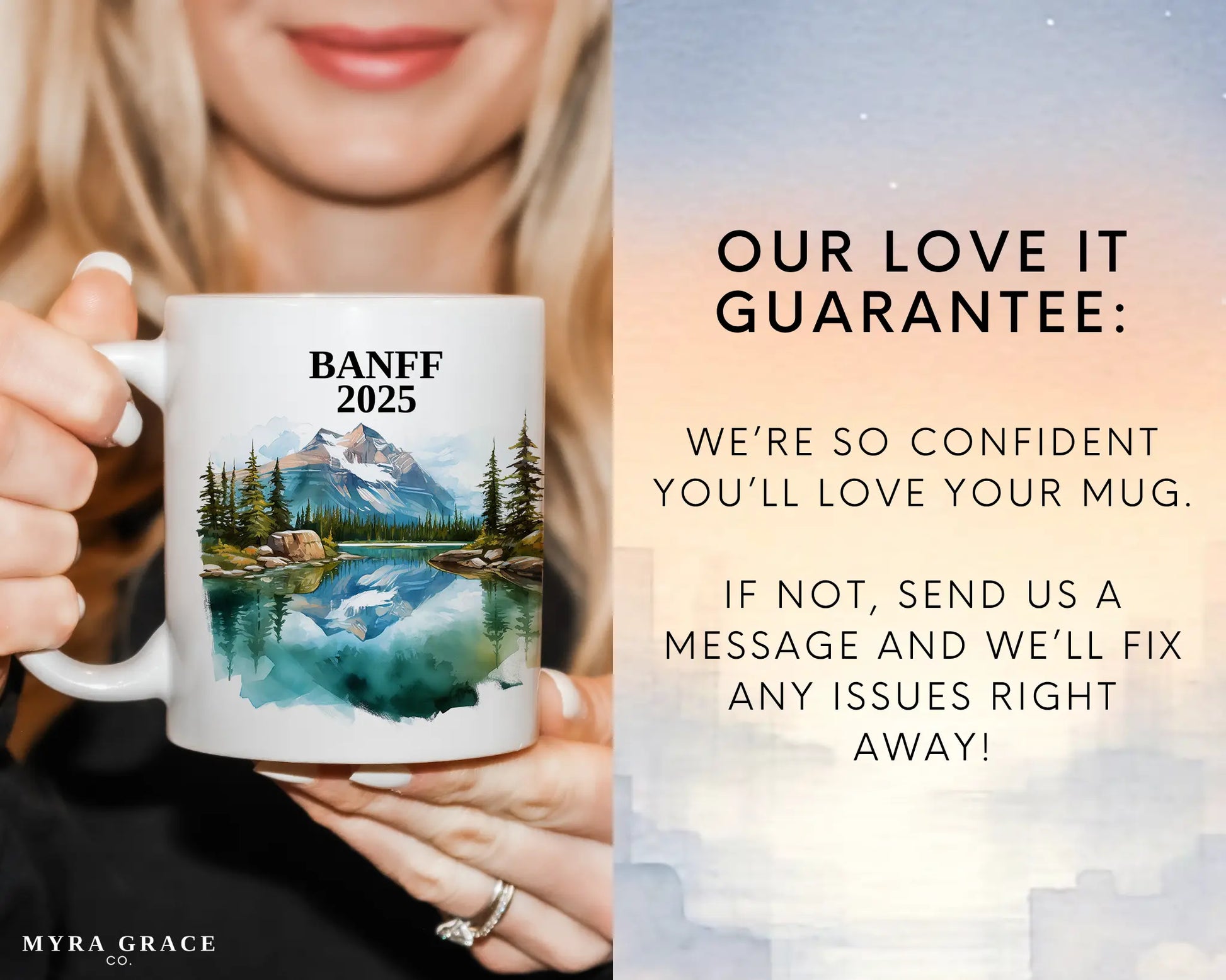 Custom ceramic Banff vacation mug with watercolor location design, date, and personal photo – personalized travel gift or photo mug. Love it guarantee