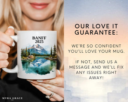 Custom ceramic Banff vacation mug with watercolor location design, date, and personal photo – personalized travel gift or photo mug. Love it guarantee