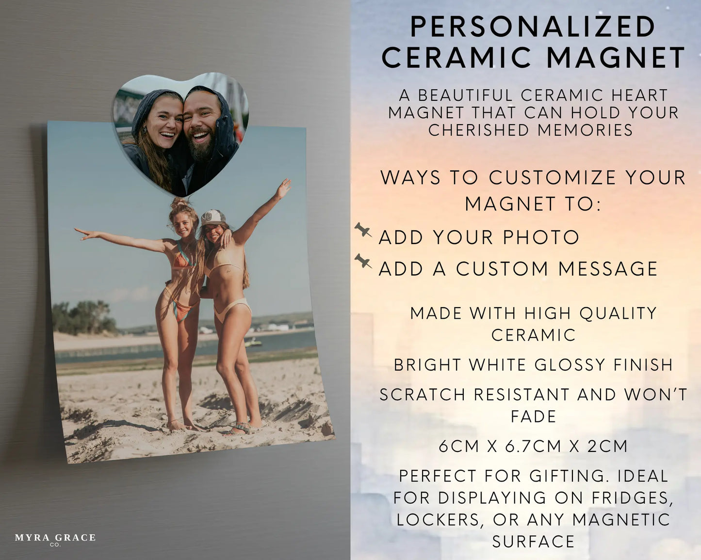Heart-shaped custom couples ceramic photo magnet on fridge – handmade personalized gift or Christmas fridge magnet. Infographic
