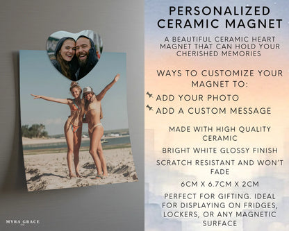 Heart-shaped custom couples ceramic photo magnet on fridge – handmade personalized gift or Christmas fridge magnet. Infographic