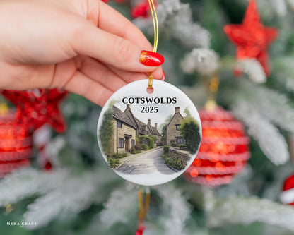 Custom Cotswolds England ceramic photo ornament with personalized message – handmade Christmas bauble, gift souvenir, or vacation keepsake.  