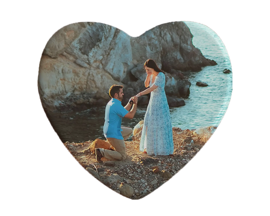 Heart-shaped custom engagement ceramic photo magnet on fridge – handmade personalized gift or Christmas fridge magnet. 