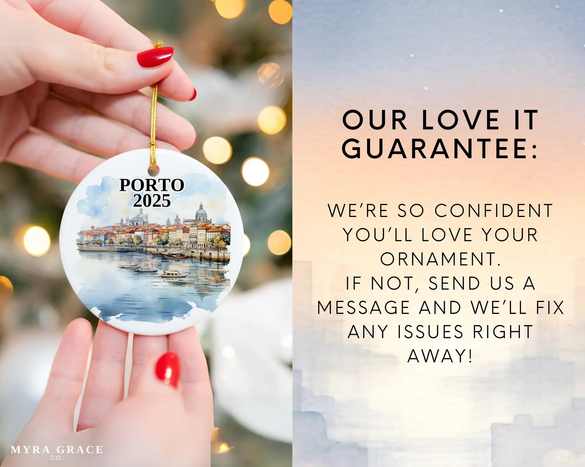 Custom Porto Portugal ceramic photo ornament with personalized message – handmade Christmas bauble, gift souvenir, or vacation keepsake. Love it guarantee