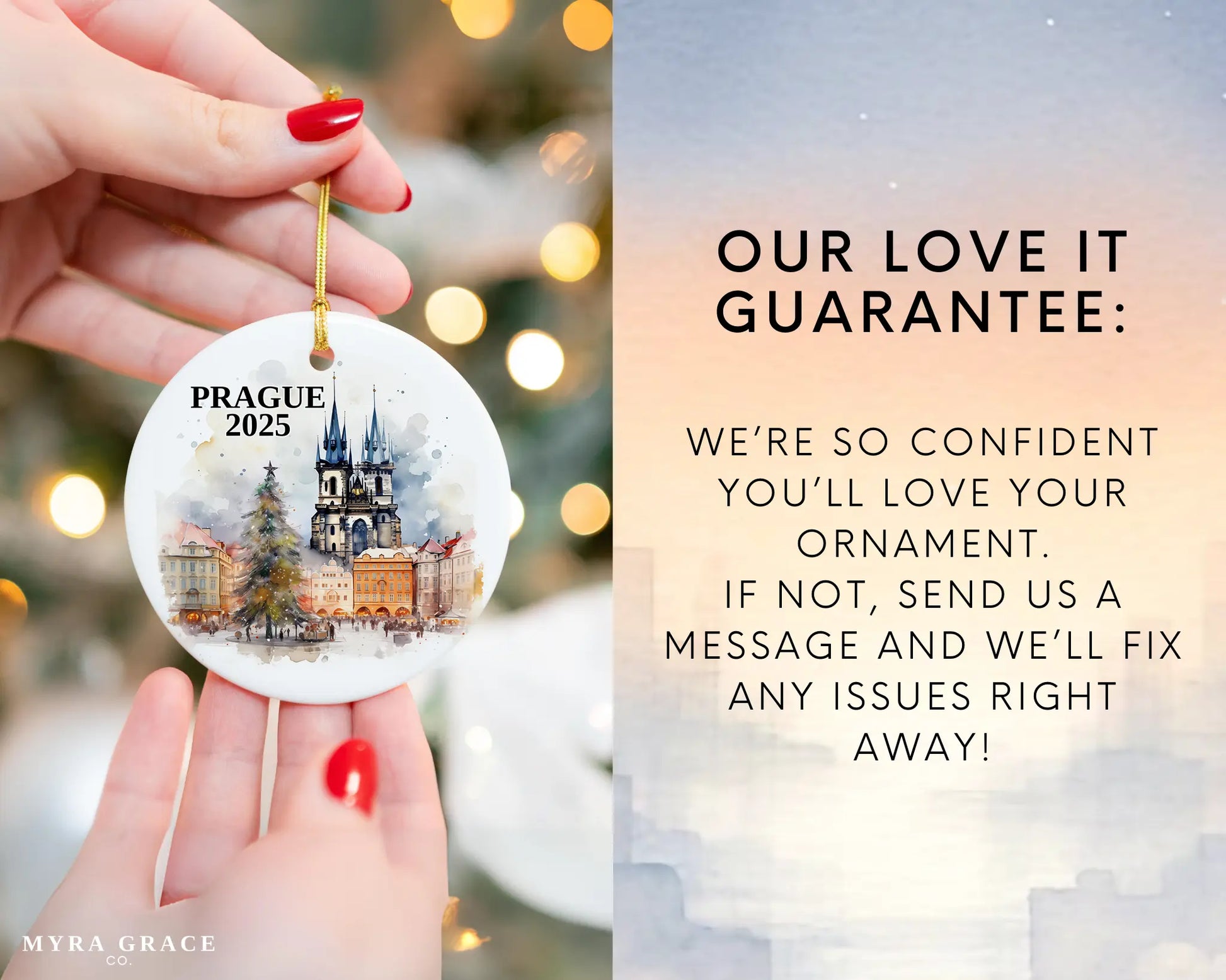 Custom Prague Christmas Market ceramic photo ornament with personalized message – handmade Christmas bauble, gift souvenir, or vacation keepsake. Love it guarantee
