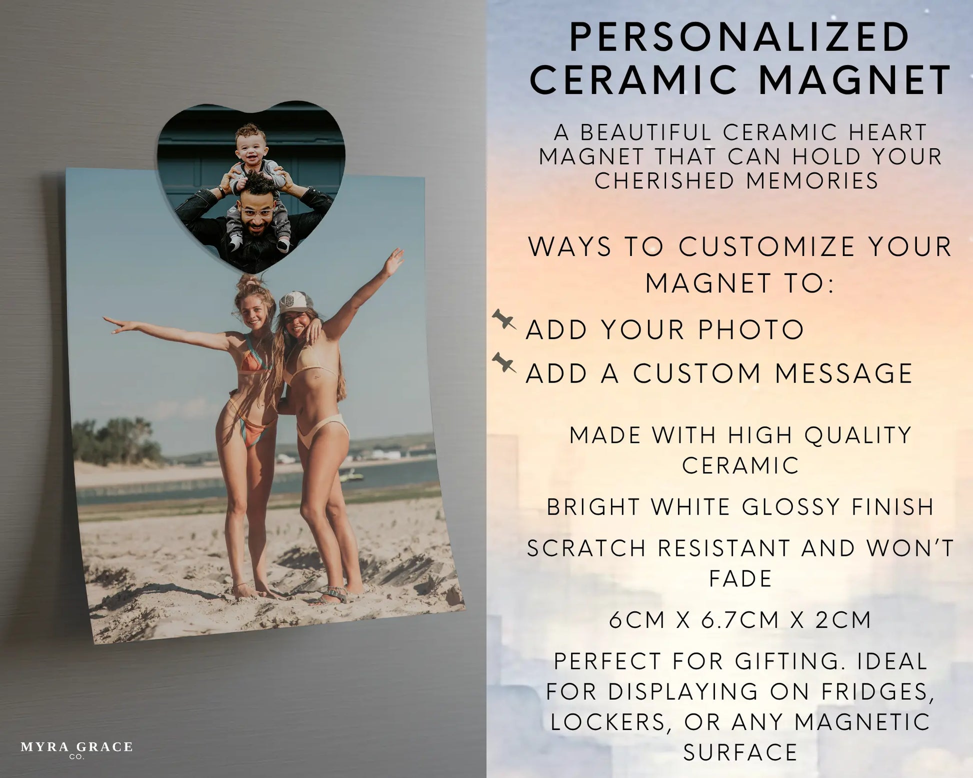 Heart-shaped custom new dad ceramic photo magnet on fridge – handmade personalized gift or Christmas fridge magnet. Infographic