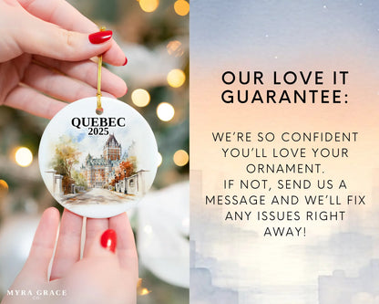 Custom Quebec ceramic photo ornament with personalized message – handmade Christmas bauble, gift souvenir, or vacation keepsake. Love it guarantee