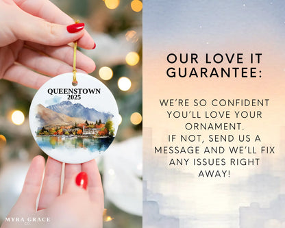 Custom Queenstown New Zealand ceramic photo ornament with personalized message – handmade Christmas bauble, gift souvenir, or vacation keepsake. Love it guarantee