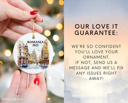 Custom Romania ceramic photo ornament with personalized message – handmade Christmas bauble, gift souvenir, or vacation keepsake. Love it guarantee