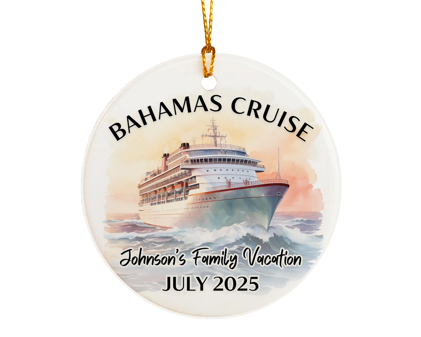 Handmade ceramic Bahamas cruise ornament with personalized location and photo – custom Christmas bauble or cruise vacation souvenir.