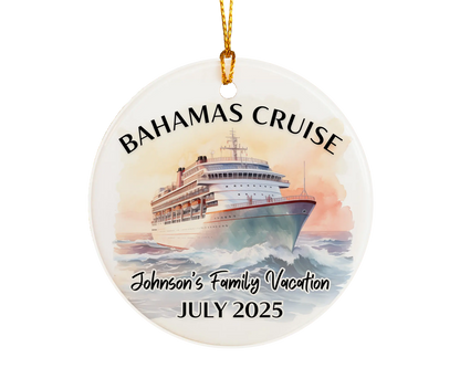 Handmade ceramic Bahamas cruise ornament with personalized location and photo – custom Christmas bauble or cruise vacation souvenir.