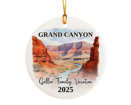 Custom vacation Grand Canyon ceramic photo ornament with personalized message – handmade Christmas bauble, gift souvenir, or vacation keepsake. 