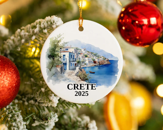 Custom Crete ceramic photo ornament with personalized message – handmade Christmas bauble, gift souvenir, or vacation keepsake.  