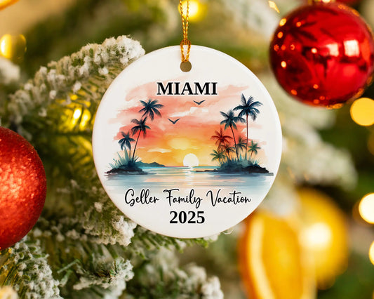 Custom vacation Miami Florida ceramic photo ornament with personalized message – handmade Christmas bauble, gift souvenir, or vacation keepsake. 