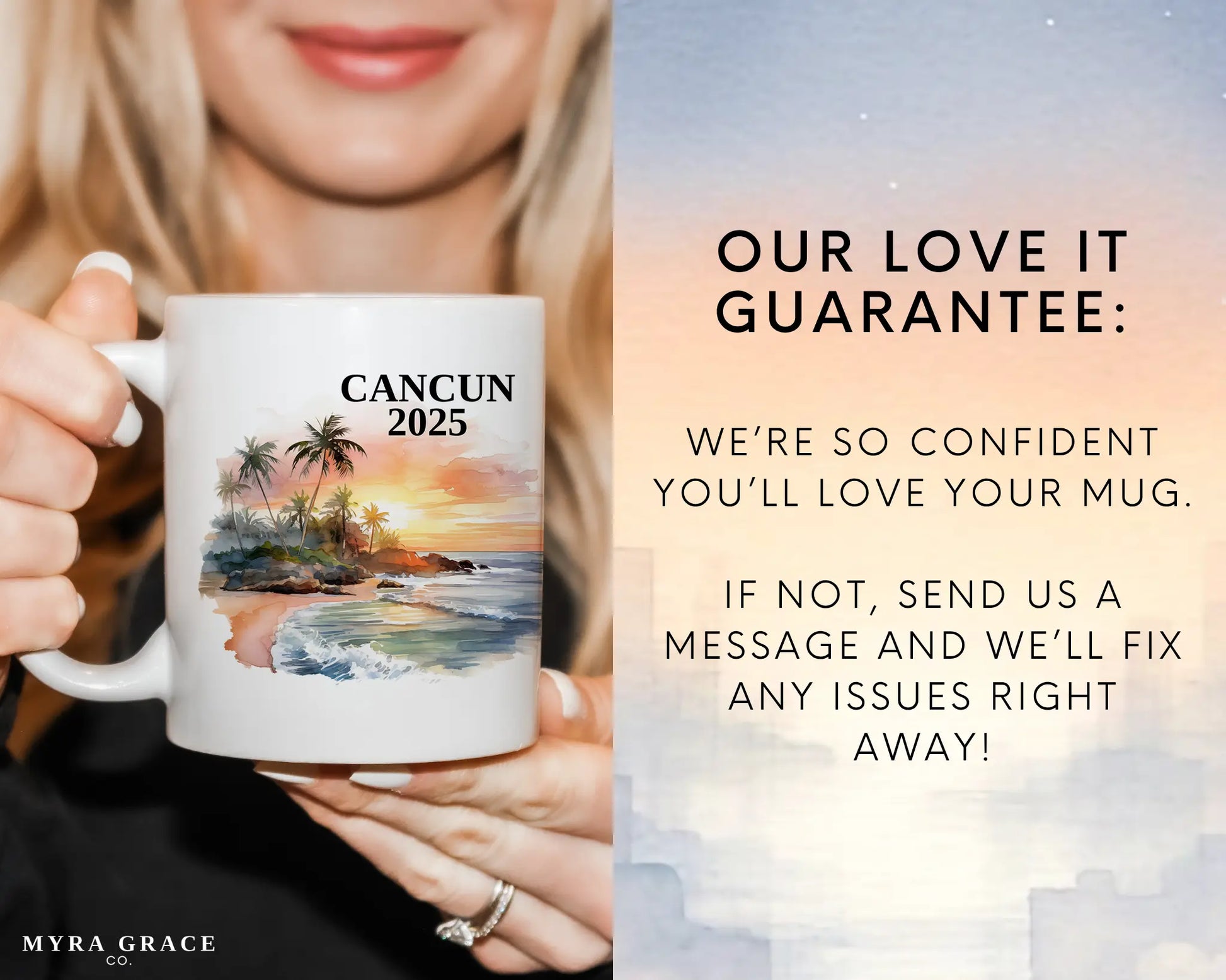 Custom ceramic Cancun Mexico vacation mug with watercolor location design, date, and personal photo – personalized travel gift or photo mug. Love it guarantee