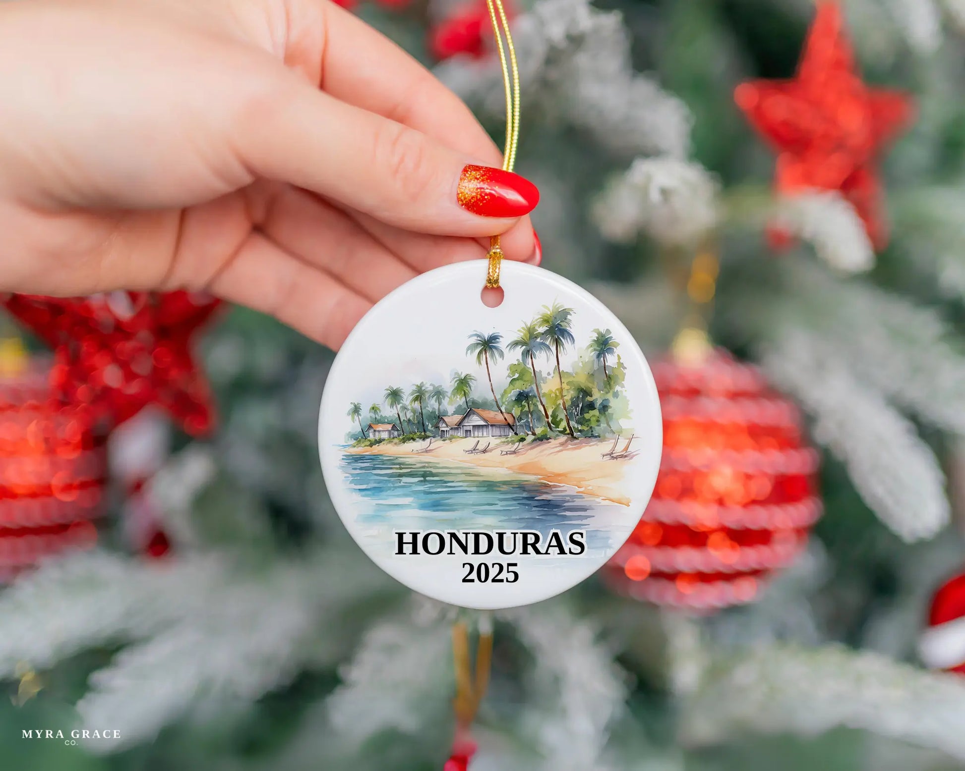 Custom Honduras ceramic photo ornament with personalized message – handmade Christmas bauble, gift souvenir, or vacation keepsake. 