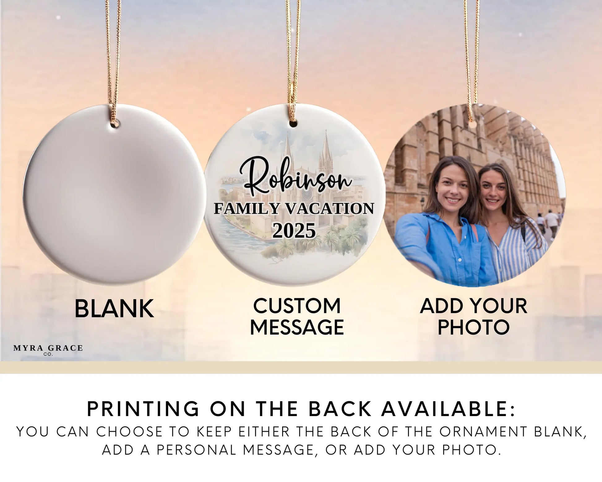 Palma Spain Ornament Custom Gift Souvenir Bauble. Custom Palma Spain ceramic photo ornament with personalized message – handmade Christmas bauble, gift souvenir, or vacation keepsake.  Add your photo. Photo ornament