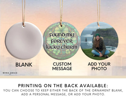Ceramic ornament with shamrocks and clovers – non-customizable lucky charm gift or seasonal keepsake. Add your photo