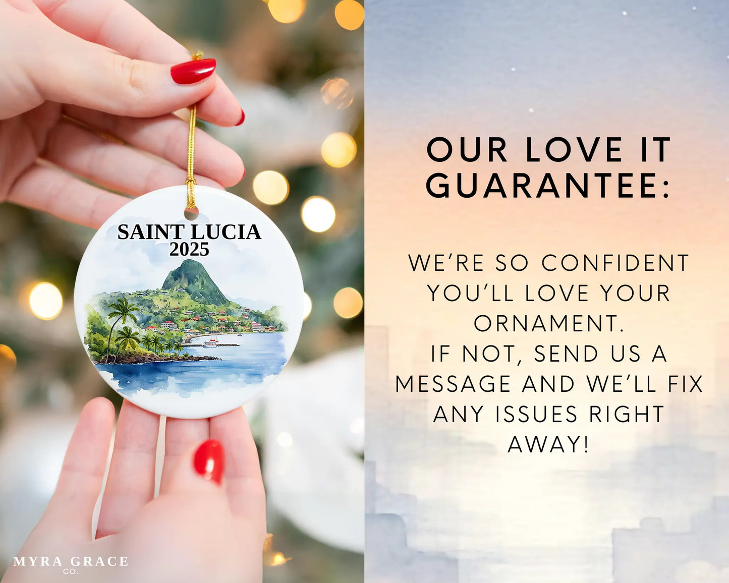 Custom Saint Lucia ceramic photo ornament with personalized message – handmade Christmas bauble, gift souvenir, or vacation keepsake. Love it guarantee