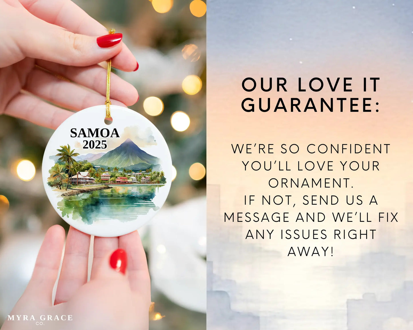 Custom Samoa ceramic photo ornament with personalized message – handmade Christmas bauble, gift souvenir, or vacation keepsake. Love it guarantee