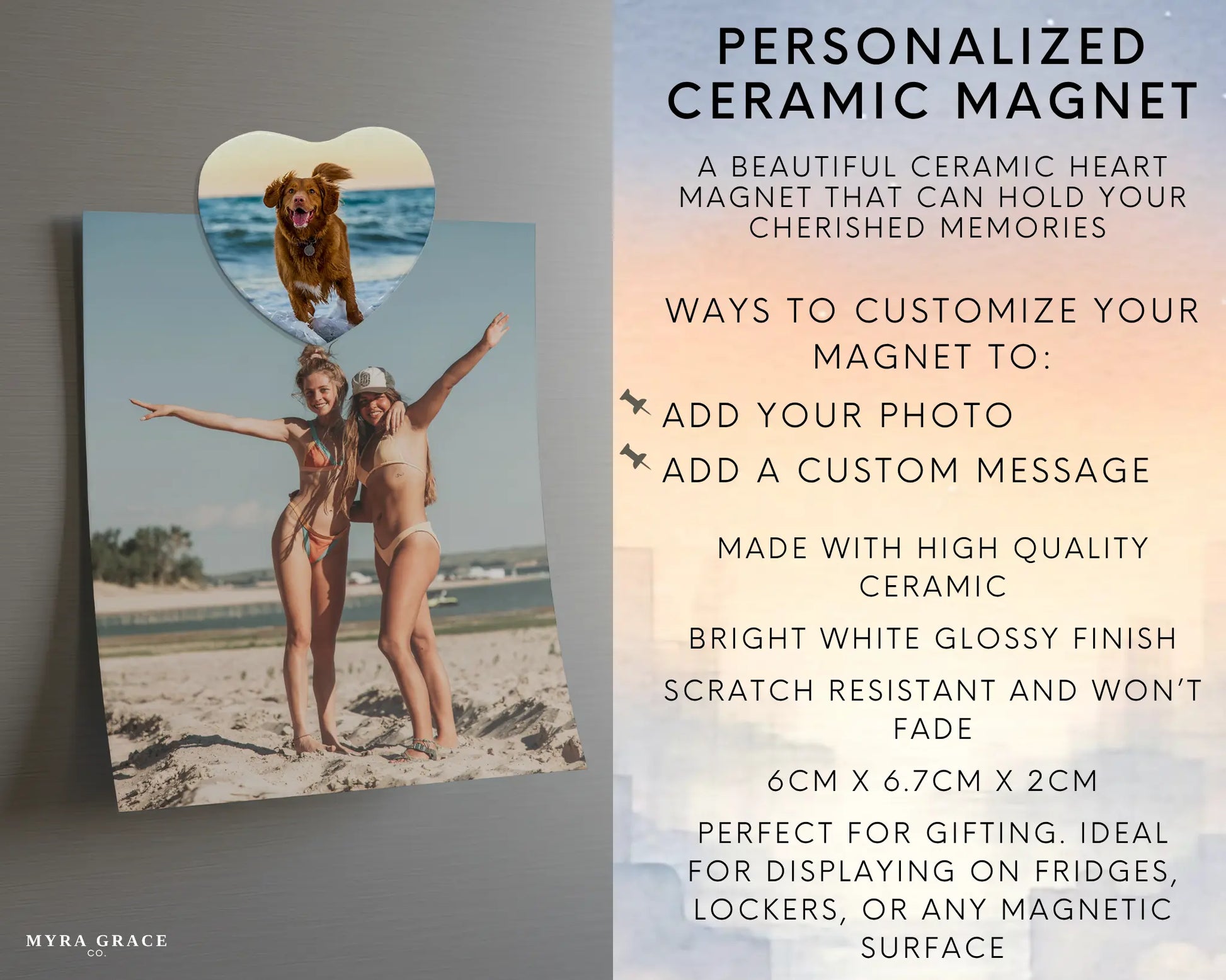 Heart-shaped custom dog ceramic photo magnet on fridge – handmade personalized gift or Christmas fridge magnet. Infographic