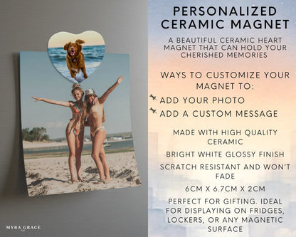 Heart-shaped custom dog ceramic photo magnet on fridge – handmade personalized gift or Christmas fridge magnet. Infographic