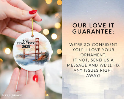 Custom San Francisco ceramic photo ornament with personalized message – handmade Christmas bauble, gift souvenir, or vacation keepsake. Love it guarantee