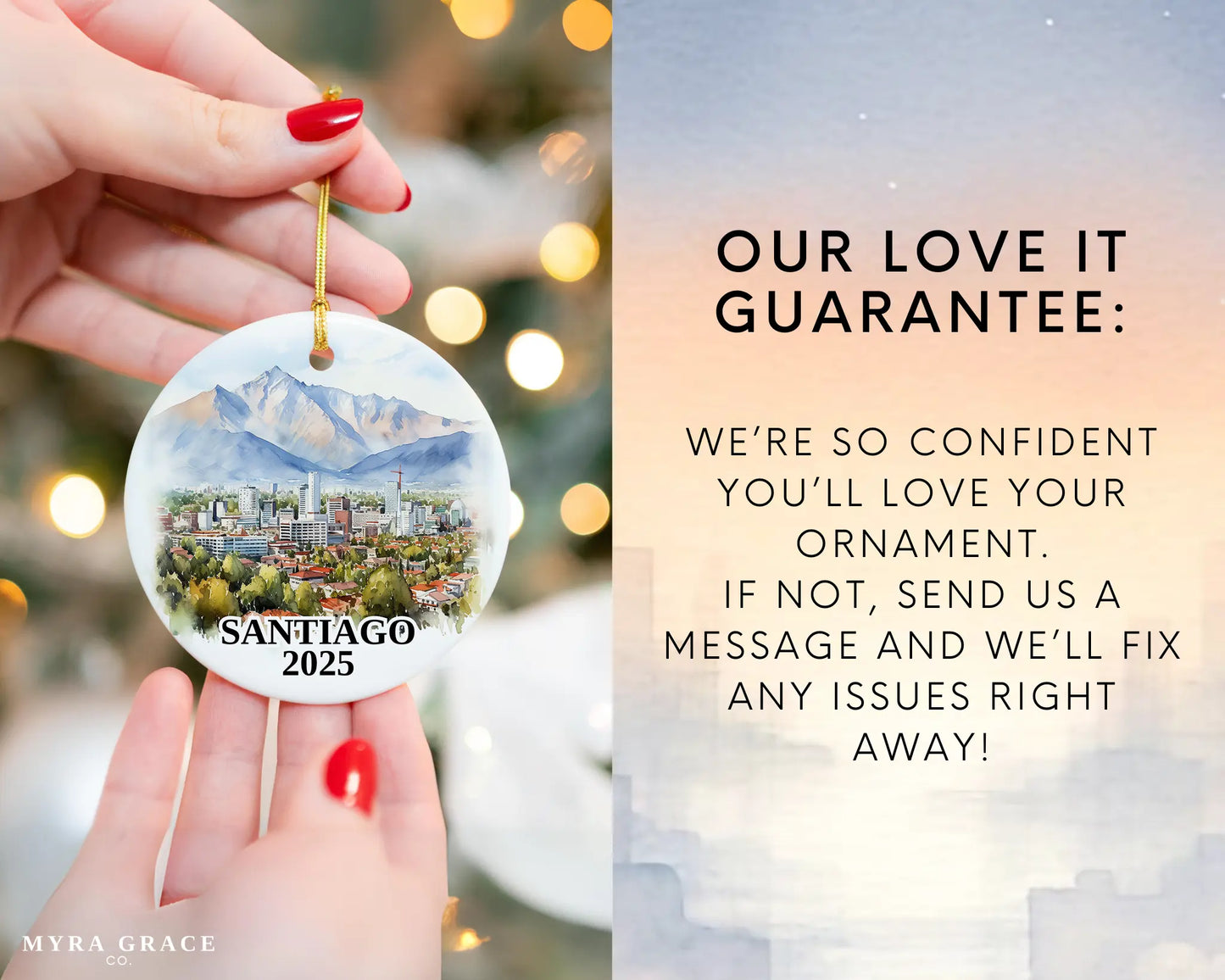 Custom Santiago Chile ceramic photo ornament with personalized message – handmade Christmas bauble, gift souvenir, or vacation keepsake. Love it guarantee