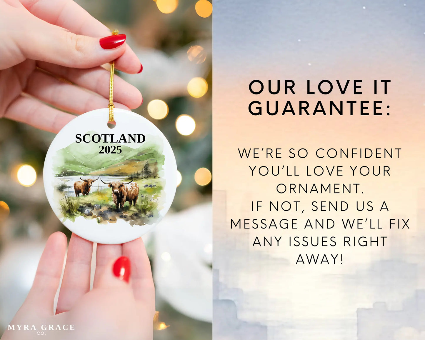 Custom Scotland Highland Cows ceramic photo ornament with personalized message – handmade Christmas bauble, gift souvenir, or vacation keepsake. Love it guarantee