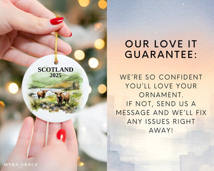 Custom Scotland Highland Cows ceramic photo ornament with personalized message – handmade Christmas bauble, gift souvenir, or vacation keepsake. Love it guarantee