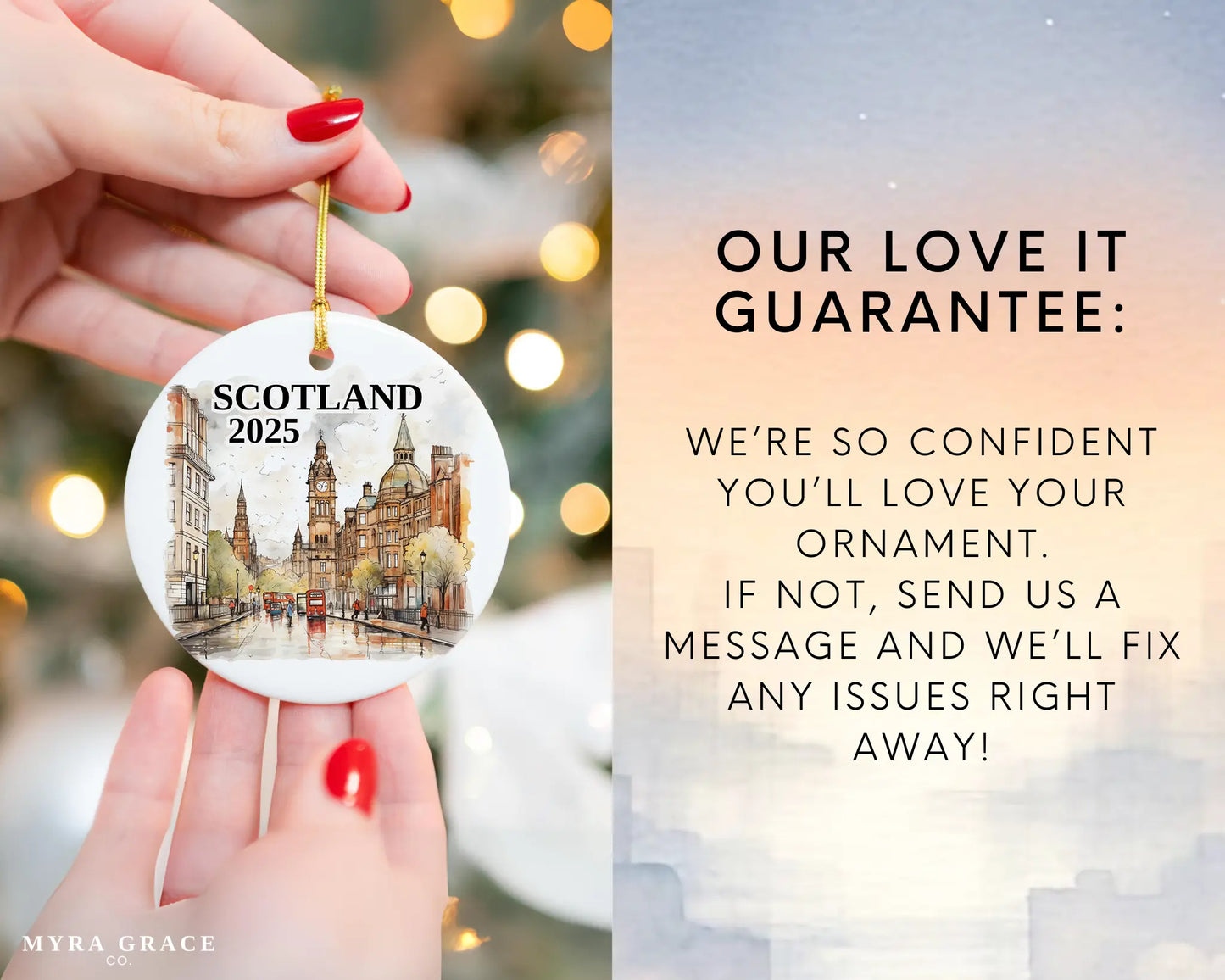Custom Scotland ceramic photo ornament with personalized message – handmade Christmas bauble, gift souvenir, or vacation keepsake. Love it guarantee