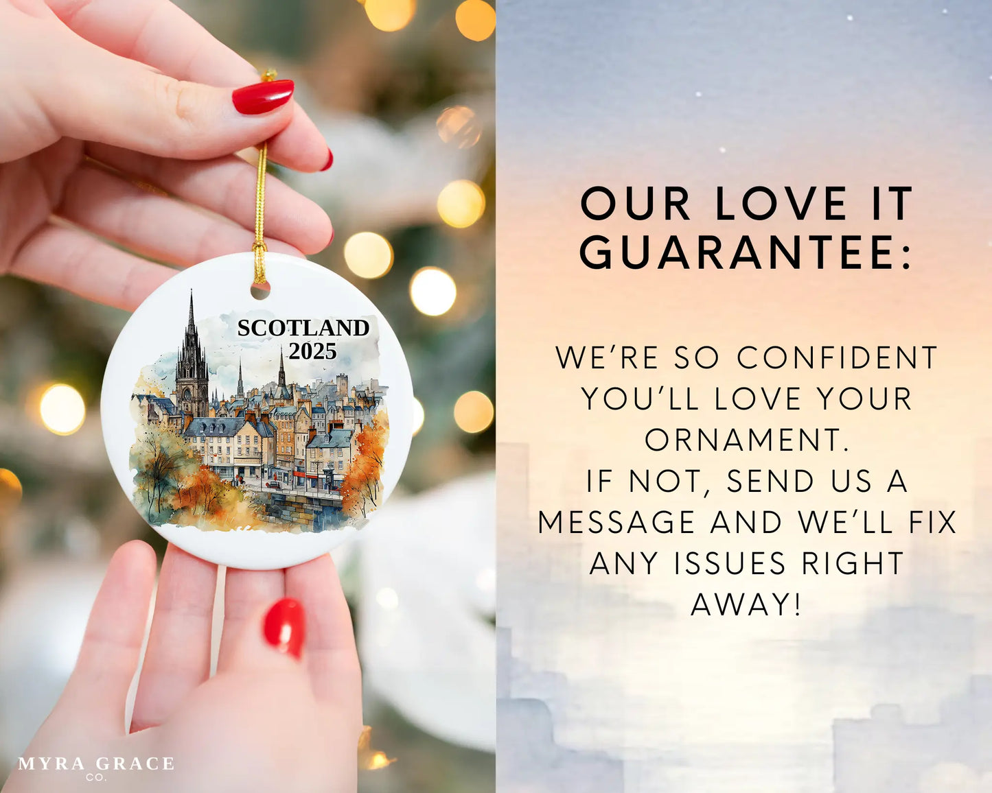 Custom Scotland Edinburgh ceramic photo ornament with personalized message – handmade Christmas bauble, gift souvenir, or vacation keepsake. Love it guarantee